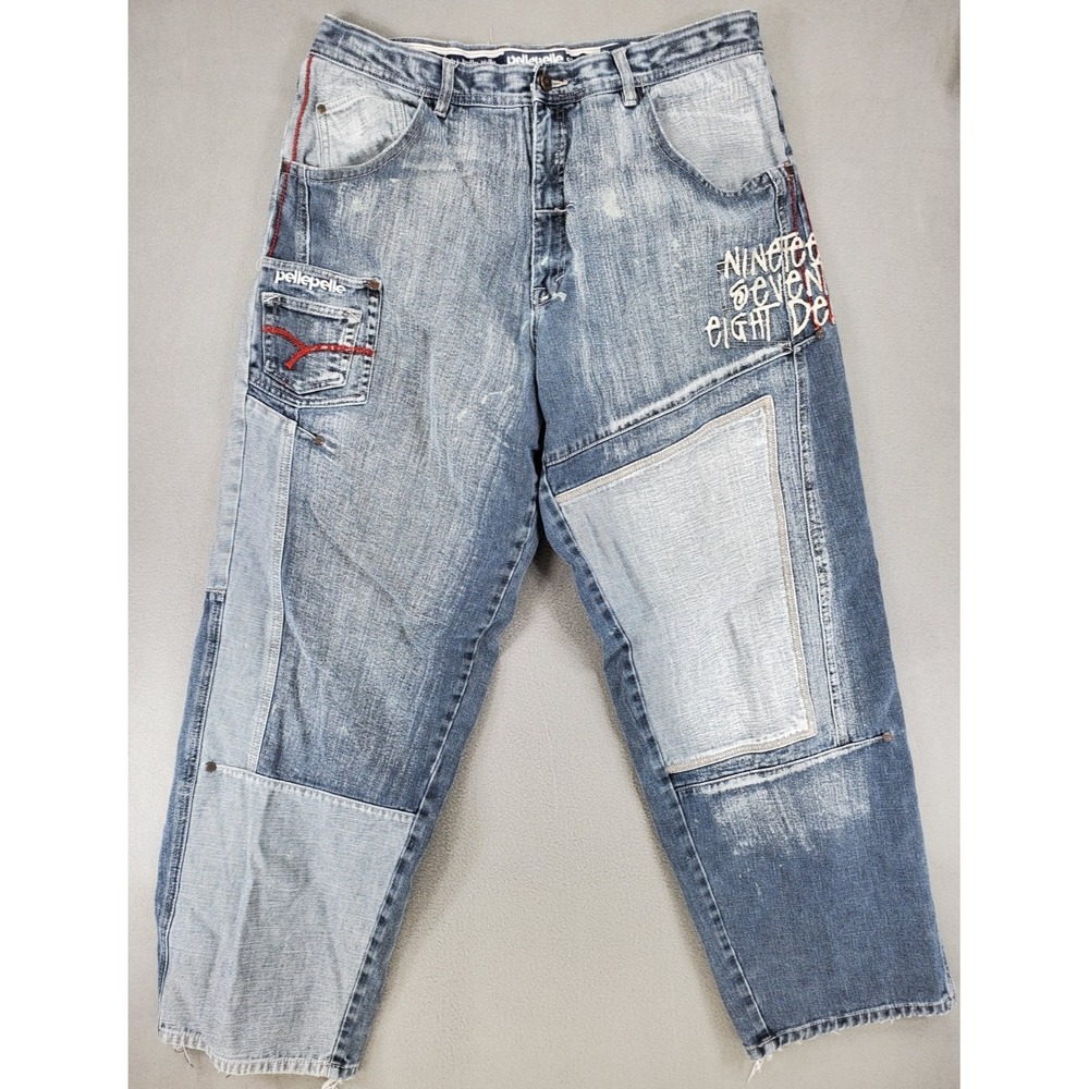 VINTAGE Y2K 2000's PELLE PELLE BAGGY JEANS HIP HOP SKATE SIZE 40 Patchwork Logo